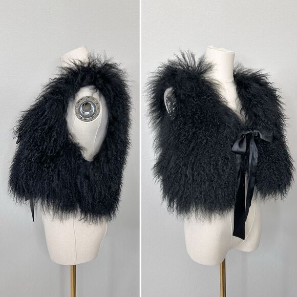 Chaarm NY Tibetan Mongolian Lamb Fur Vest Satin Ribbon XS/S Crop Boho Glam Rock - Picture 7 of 16